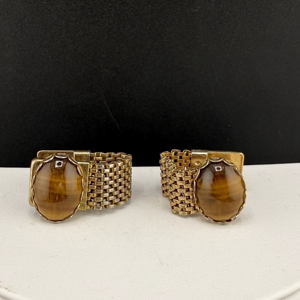 Vintage Estate‎ Cufflinks Gold Tone Mesh Tigers Eye Wrap Around Retro Men